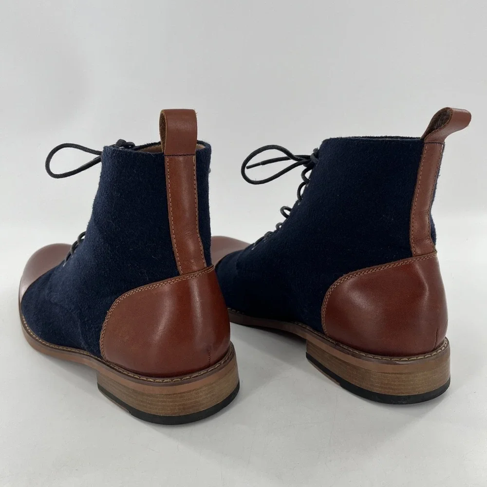 La Milano Mens Lace Up Boots Stance Cognac‎ Navy Leather Fabric Cap Toe Size 14